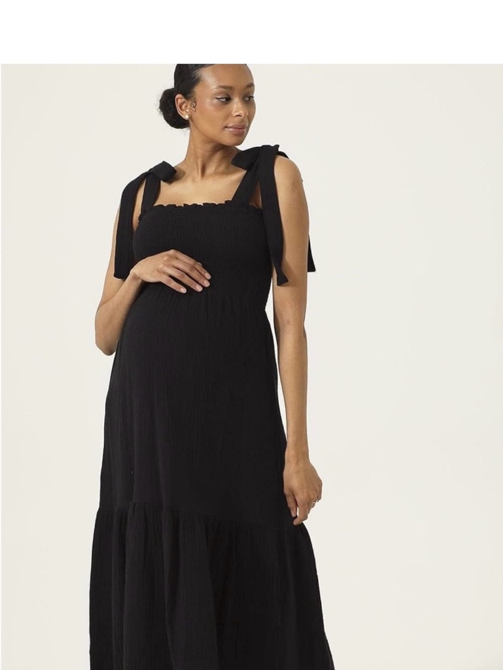 Nothing Fits But Momoka Black Tie-Shoulder Smocked Maxi Dress- pregnancy dress